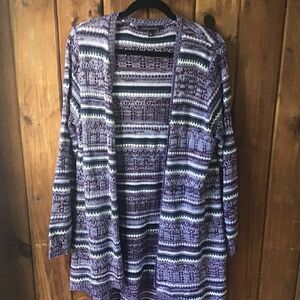 Signature Studio Long Purple Stripe Cardigan Size XL Loose Knit Open Front